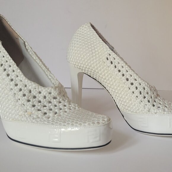 Fendi  Woven White Textured Fabric Reflections High Heels Pumps - Picture 6 of 16
